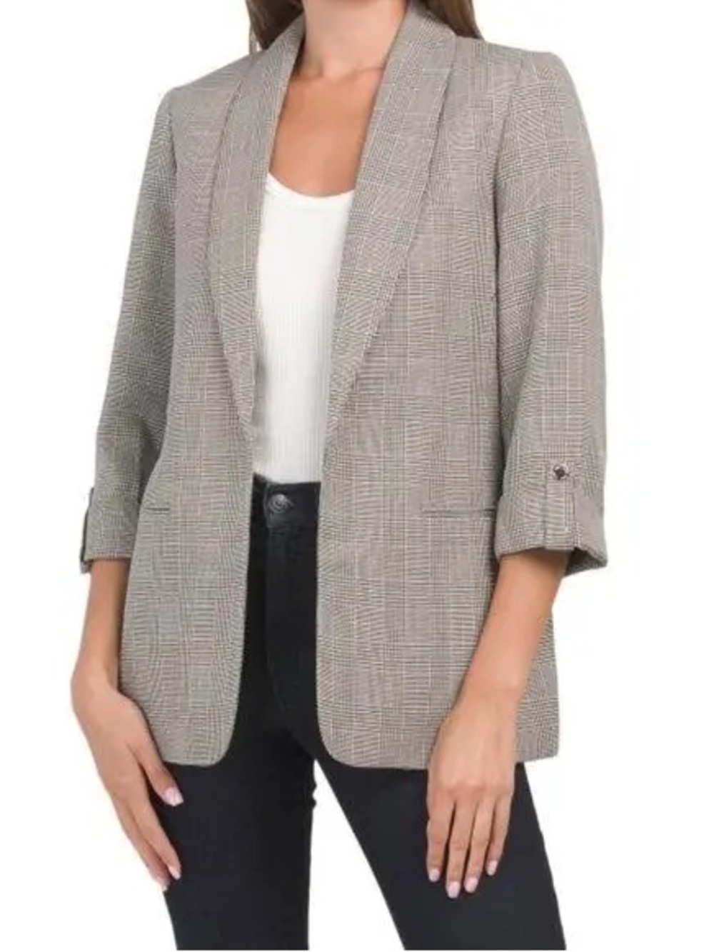 Anne Klein Neutral Plaid Open-Front Blazer